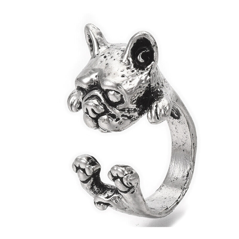 Cuff Ring English Bulldog Dog Pug Antique Silver Size 4 Adjustable 15mm P455