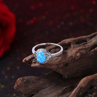 Platinum Plated Ring Womens Halo AAA Zirconia Opal Stone Blue B520