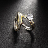 Stainless Steel Bridal Engagement Set Ring Gold Plated Rhinestone Women B442