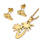 Stainless Steel Set Pendant Necklace Earrings Coconut Tree 15.7" 0.7mm Z800