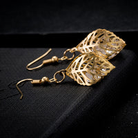 Dangle Earrings Glass Beads Leaf Clear Gold Fish Hook 46x14mm P137