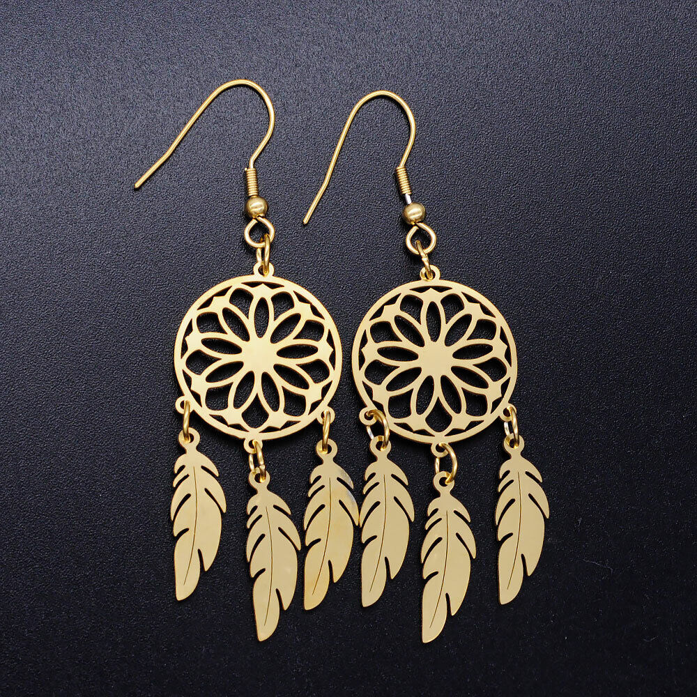 Stainless Steel Chandelier Earrings Net Web Feather Gold 70x20mm 0.7mm P191
