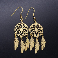 Stainless Steel Chandelier Earrings Net Web Feather Gold 70x20mm 0.7mm P191