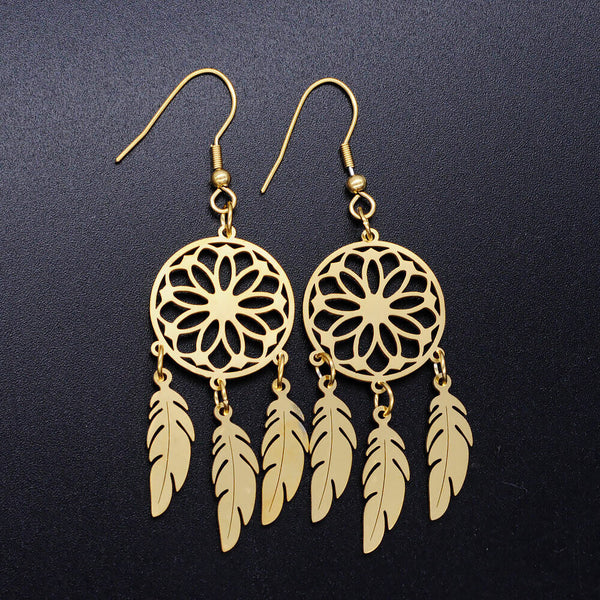 Stainless Steel Chandelier Earrings Net Web Feather Gold 70x20mm 0.7mm P191