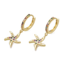 Brass Cubic Zirconia Dangle Hoop Earrings Starfish Gold 27mm Pin 1x1mm  P625