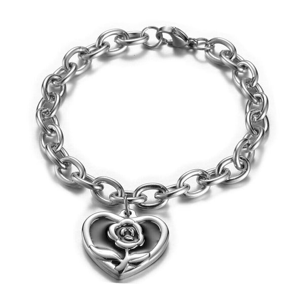 Stainless Steel Enamel Bracelet Lobster Heart Rose Silver 7.8" Z70