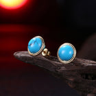 Yellow Gold Plated Earrings Stud Kallaite Blue Push Back Clasp L529