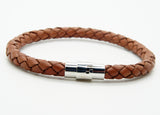 Men Women's Braided Leather Stainless Steel Magnetic Clasp Bracelet Brown 