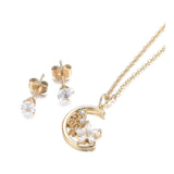 Stainless Steel Set Moon Flower Pendant Necklace Earrings Lobster Gold 18" Z768