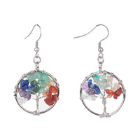 Chakra Mixed Stone Dangle Earrings Stainless Steel Tree of Life 56.5mm P340