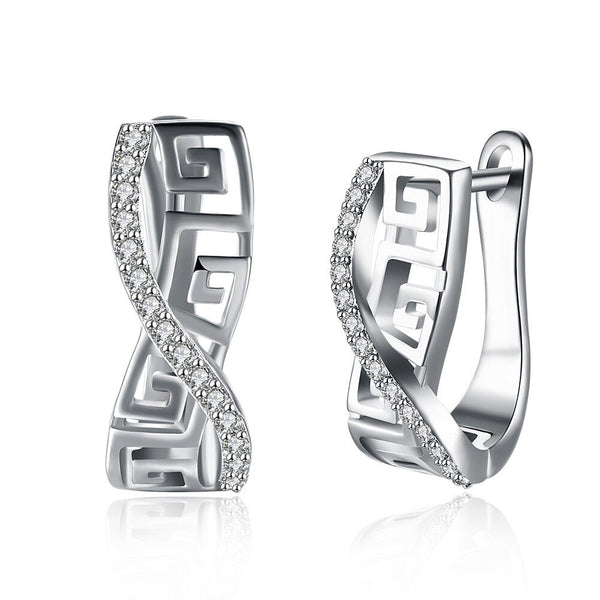 Platinum Plated Earrings Hoop Huggies AAA Zirconia Latch Back Clasp L546