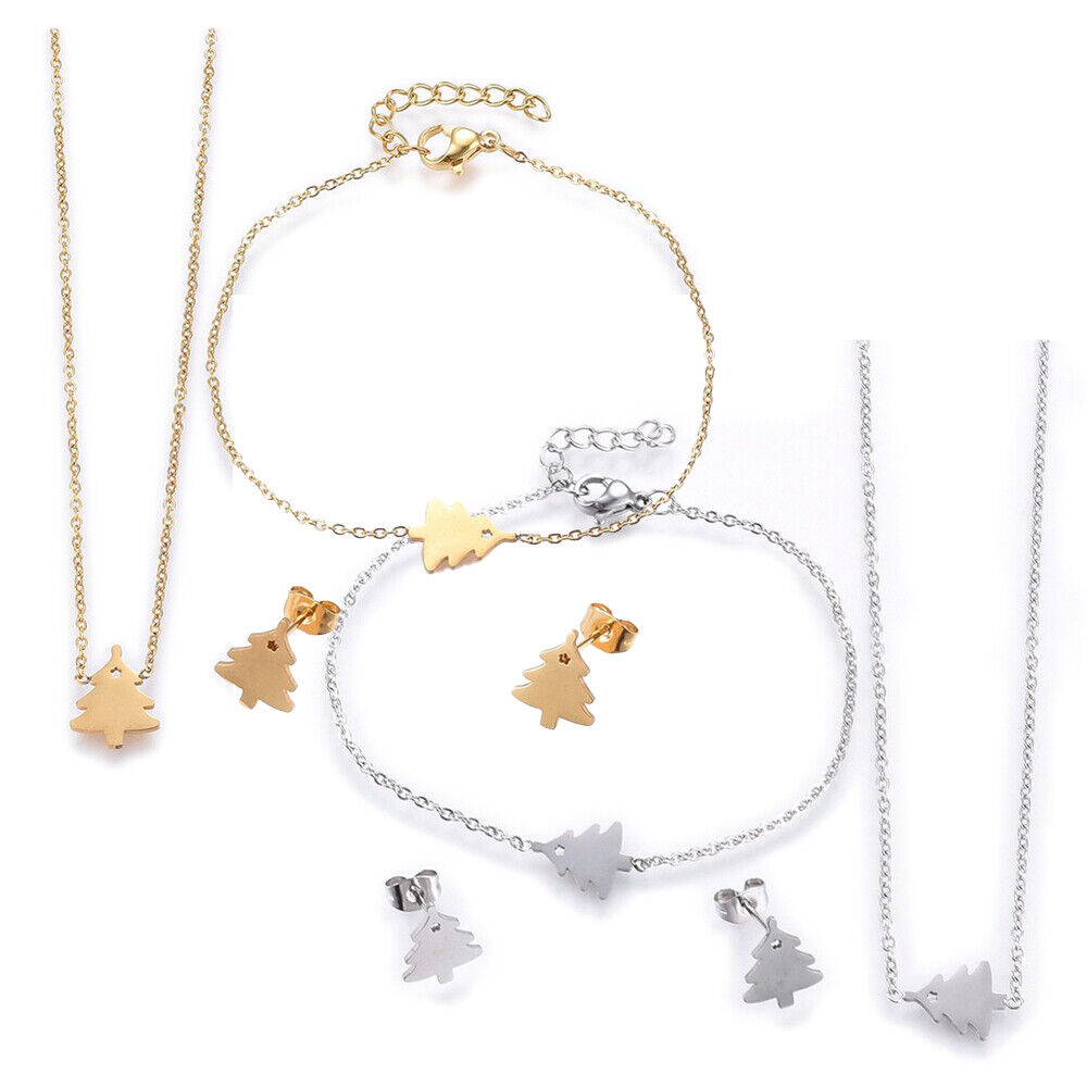 Stainless Steel Set Pendant Necklace Earrings Bracelet Christmas Tree 16.5" P743