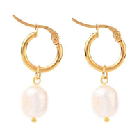 Stainless Steel Hoop Earrings Rice Cultured Freshwater Pearl Gold White Z307