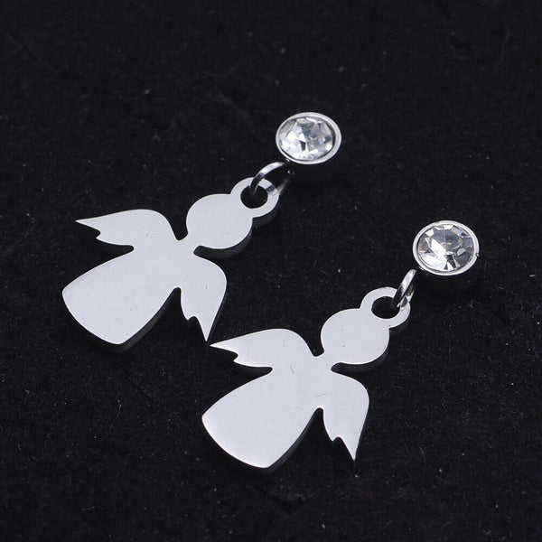 Stainless Steel Dangle Stud Earrings Zirconia Angel Silver 21mm 0.8mm Z370