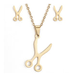 Stainless Steel Set Pendant Necklace Stud Earrings Lobster Scissor Gold 17" A432