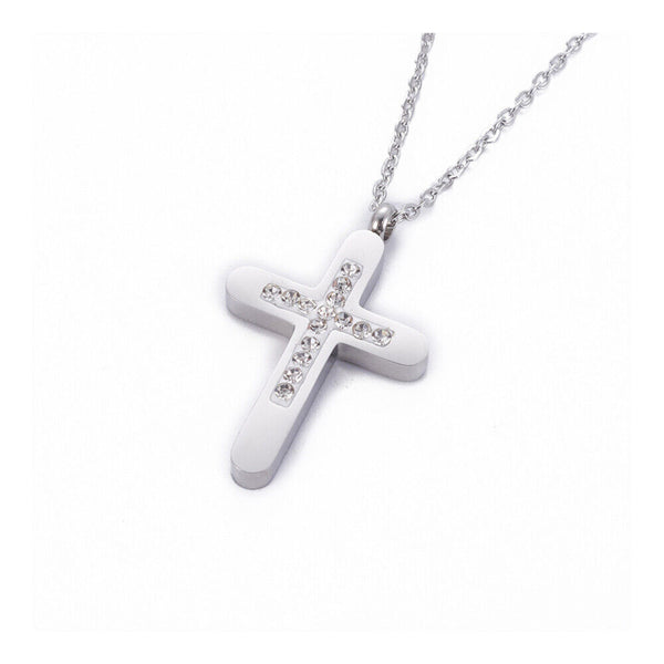 Stainless Steel Pendant Necklace Polymer Clay Zirconia Cross Silver 18" A213