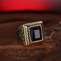 Stainless Steel Yellow Gold Plated Ring Men's Black Glass Stone B547