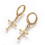 Dangle Hoop Earrings Cubic Zirconia Plated Cross Gold 29mm Pin 1mm P322