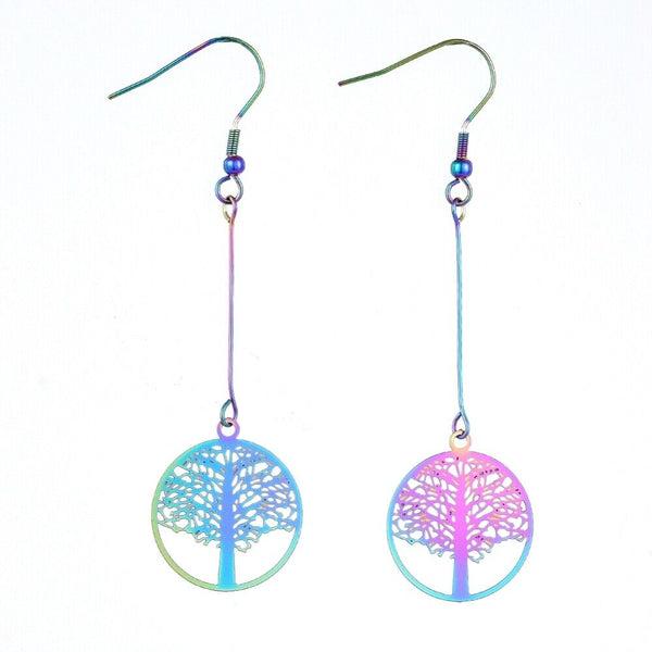 Stainless Steel Electroplated Dangle Earrings Tree of Life Purple 72mm P746