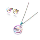 Stainless Steel Set Stud Earring Pendant Necklace Flat Round Star 17.7" Pin 0.8m