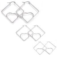 201 Stainless Steel Hoop Earrings Heart Stainless Steel Color 1.7" to 3.3" P542