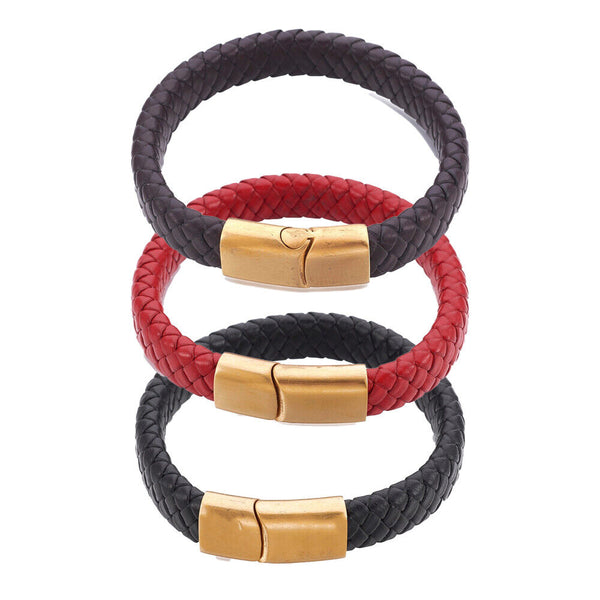 Leather Cord Bracelet Stainless Steel Magnetic Black Red Brown 7.8" Z47