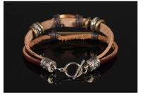 Genuine Leather Hemp Wood Bracelet Brown Luchy Charm Wood Alloy Beads G370