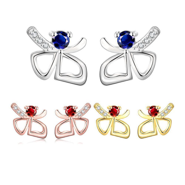 Rose Gold Platinum Plated Red Earrings Stud AAA Zirconia Push Back Bow .44" L233