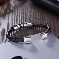 Stainless Steel Leather Bracelet 7.87 Inch  Silver Black Magnetic Clasp L359