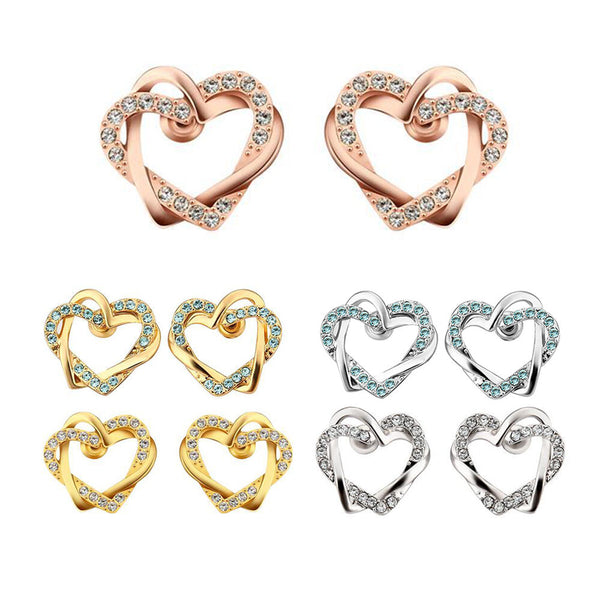 Rose Gold Platinum Plated  Earrings Zirconia Push Back Double Heart .68" L308