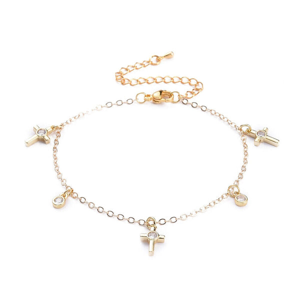 Zirconia Charms Bracelet Stainless Steel Lobster Cross Gold Adjustable Z137