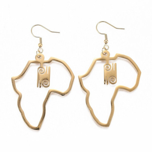 Stainless Steel Dangle Earrings Africa Map Adinkra Gye Nyame Gold 71mm Z343