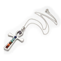 Platinum Plated Vintage Chakra Gemstone Cross Pendant Necklaces 18 inches Z656