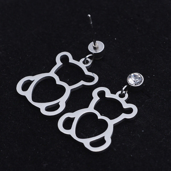 Stainless Steel Dangle Stud Earrings Zirconia Bear Silver 25mm 0.8mm Z378