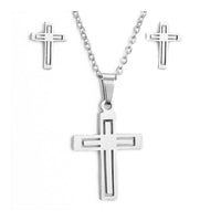 Stainless Steel Set Pendant Necklace Stud Earrings Lobster Cross Silver 17" A463