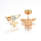 Stainless Steel Set Pendant Necklace Cross Wings Earrings Gold 17.7'' P816