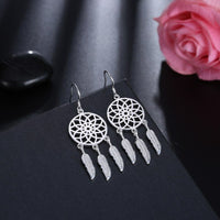 Silver Plated Dangle Earrings Wind Dream Feathers Catcher Fish Hook 56x20mm P129