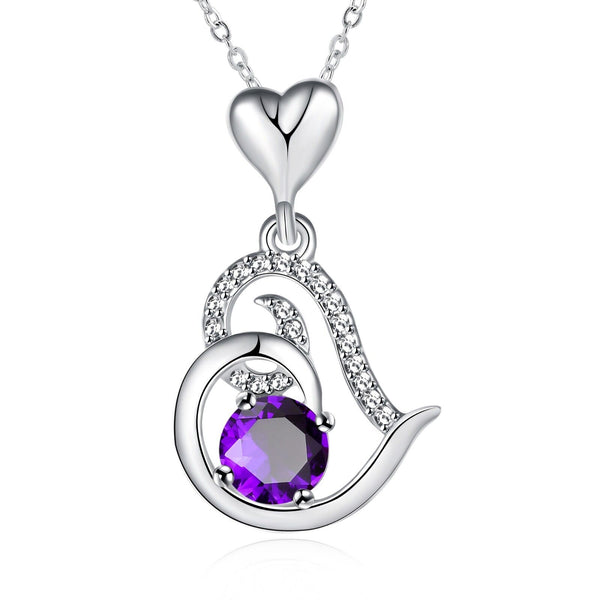 Platinum Plated Necklace Pendant Heart Zircon Purple 20 Inches 1MM Lobster B163