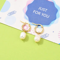 Stainless Steel Hoop Earrings Rice Cultured Freshwater Pearl Gold White Z307