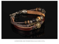 Genuine Leather Hemp Wood Bracelet Brown Yellow Luchy Charm Wood Alloy G369