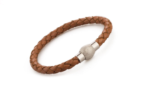 Genuine Leather Braided Stainless Steel Magnetic Clasp Bracelet Unisex Brown 