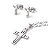 Stainless Steel Set Pendant Necklace Stud Earrings Lobster Cross Silver 17" A463