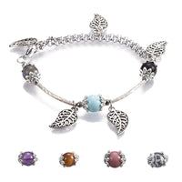 Stainless Steel Charm Bracelet Tiger Eye Labradorite Sandalwood Leaf 7.6" Z123