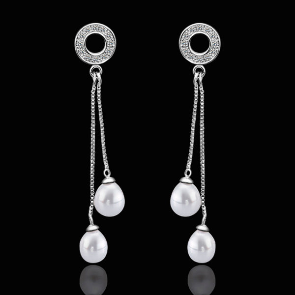 White Gold Pearl Stone Zirconia Fish Hook Drop Bali Threader Earrings L140