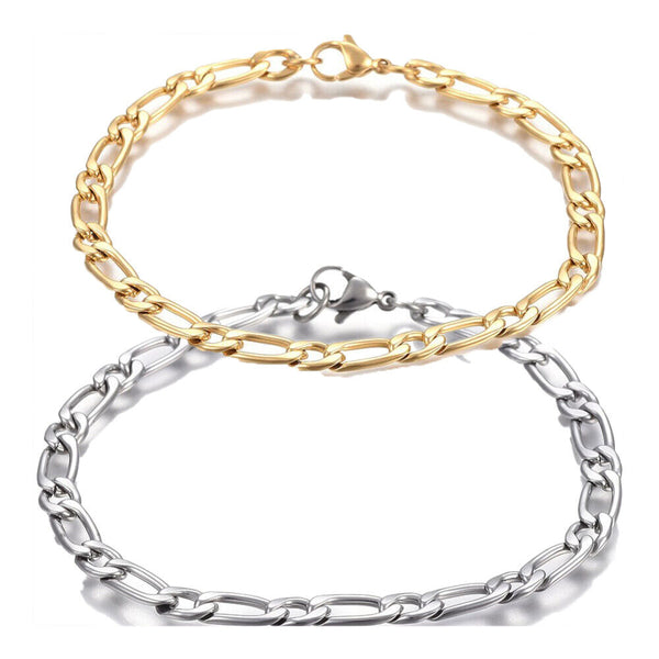 Stainless Steel Figaro Bracelet Lobster Gold 8.2" (21cm) 5mm Silver Z179