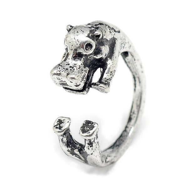 Cuff Finger Ring Hippopotamus Antique Silver Size 6 Adjustable 16mm P429