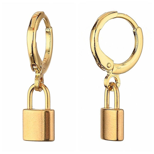 Brass Huggie Hoop Earrings Stainless Steel Pendants Padlock Gold 24mm 0.8mm Z415