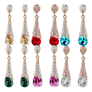 Gold Plated Brass Rhinestone Teardrop Stud Earrings Crystal 46x10mm Z268