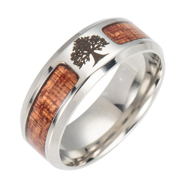 Stainless Steel Wide Band Ring Acacia Tree Silver Brown Silver 1/4 19.9mm Z745