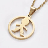 Stainless Steel Set Earring Pendant Necklace Flat Round Human Gold 18" P801